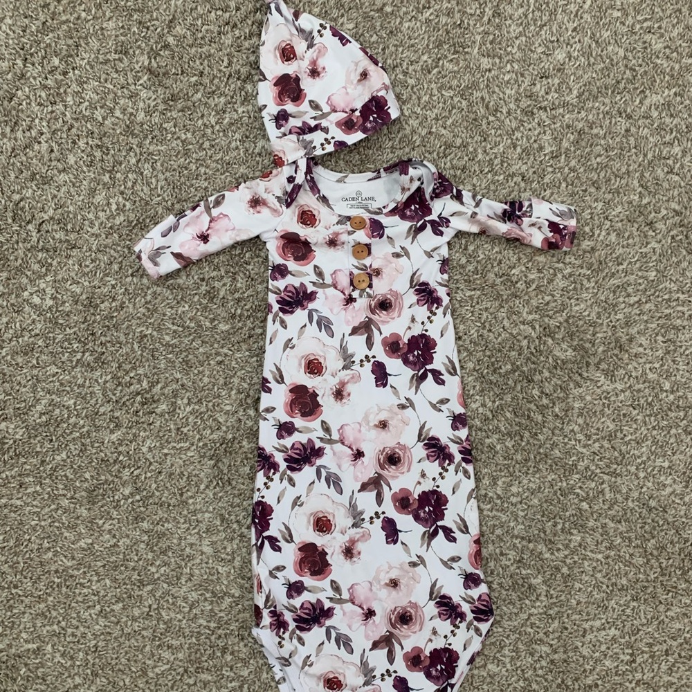 Caden Lane Pink and Purple Floral Baby Gown with Hat